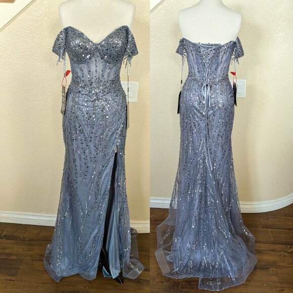 Smoky Blue Off the shoulder Sequin Formal Prom Evening Dress 4 - Picture 2 of 5